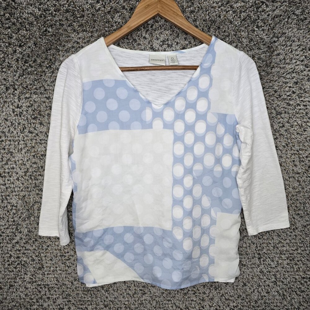 Chicos Zenergy Top Womens 0 US Small Blue V Neck 3/4‎ Sleeve Tee Casual Ladies
